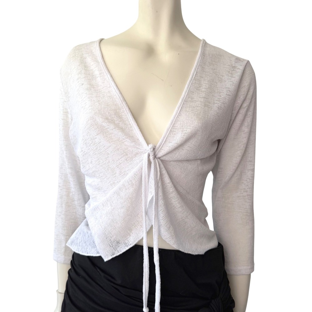 Vin Rouge Tie Front Cardigan Sheer Slub Knit 3/4 Sleeve White Balletcore S/P